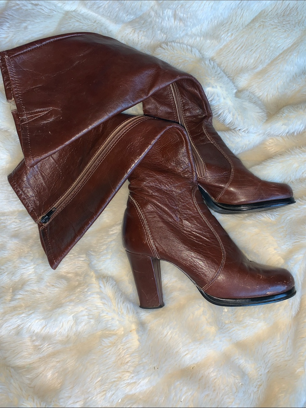 Vtg 60s 70s Hanna Brown leather side zipper knee high Gogo boots 5.5 - Picture 2 of 15